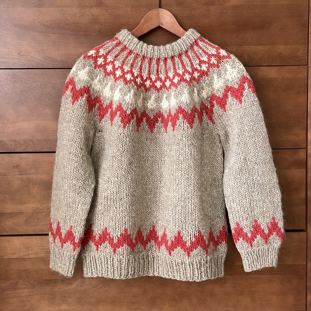 Hand Crafted Beige and Red Crew Neck Sweater